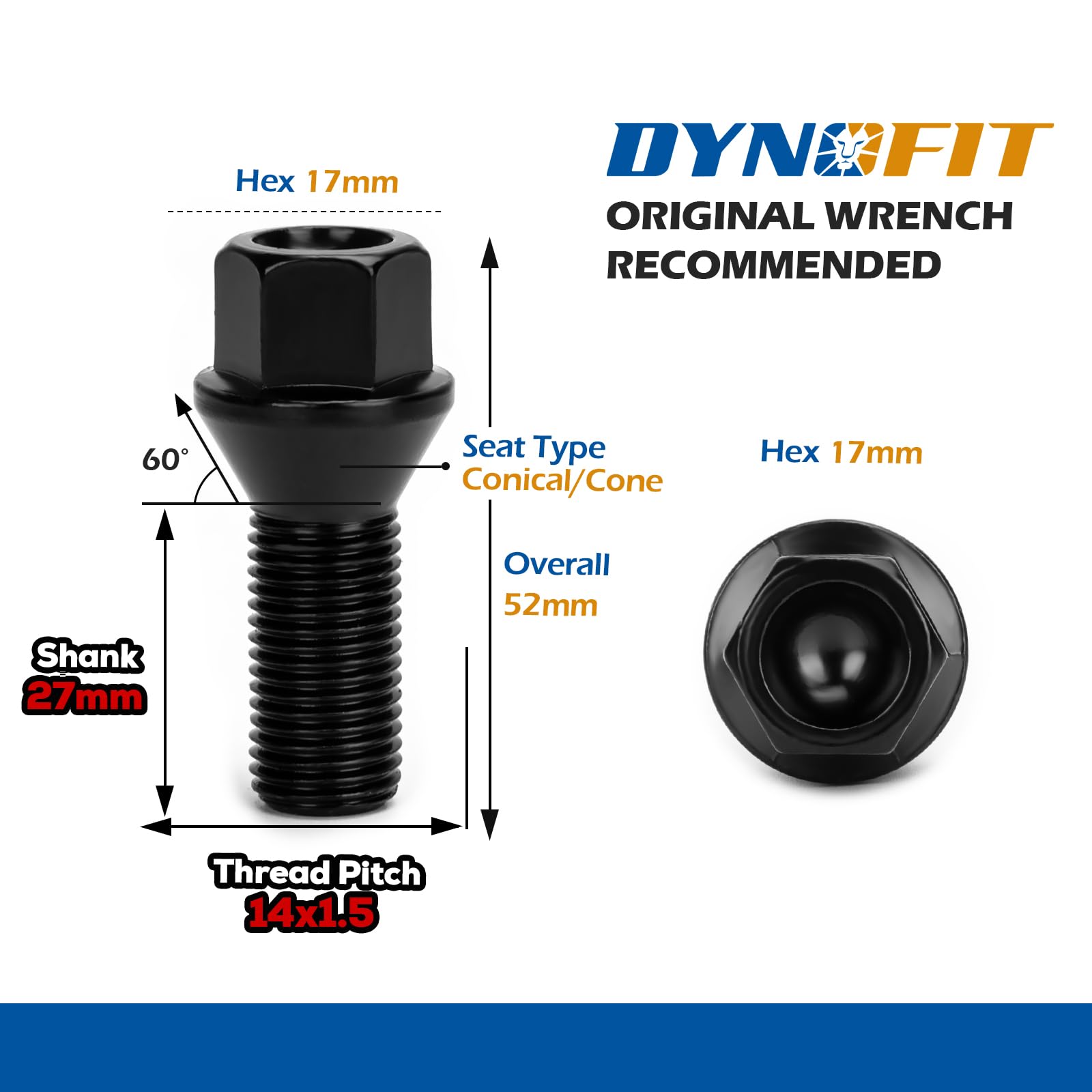 Dynofit 14X1.5 27Mm Shank Aftermarket Lug Bolts, 20Pcs Solid Black Conical Seat Studs For A1 A2 A3 A4 A5 A6 A7 A8 S1 S2 S3 S4 S5