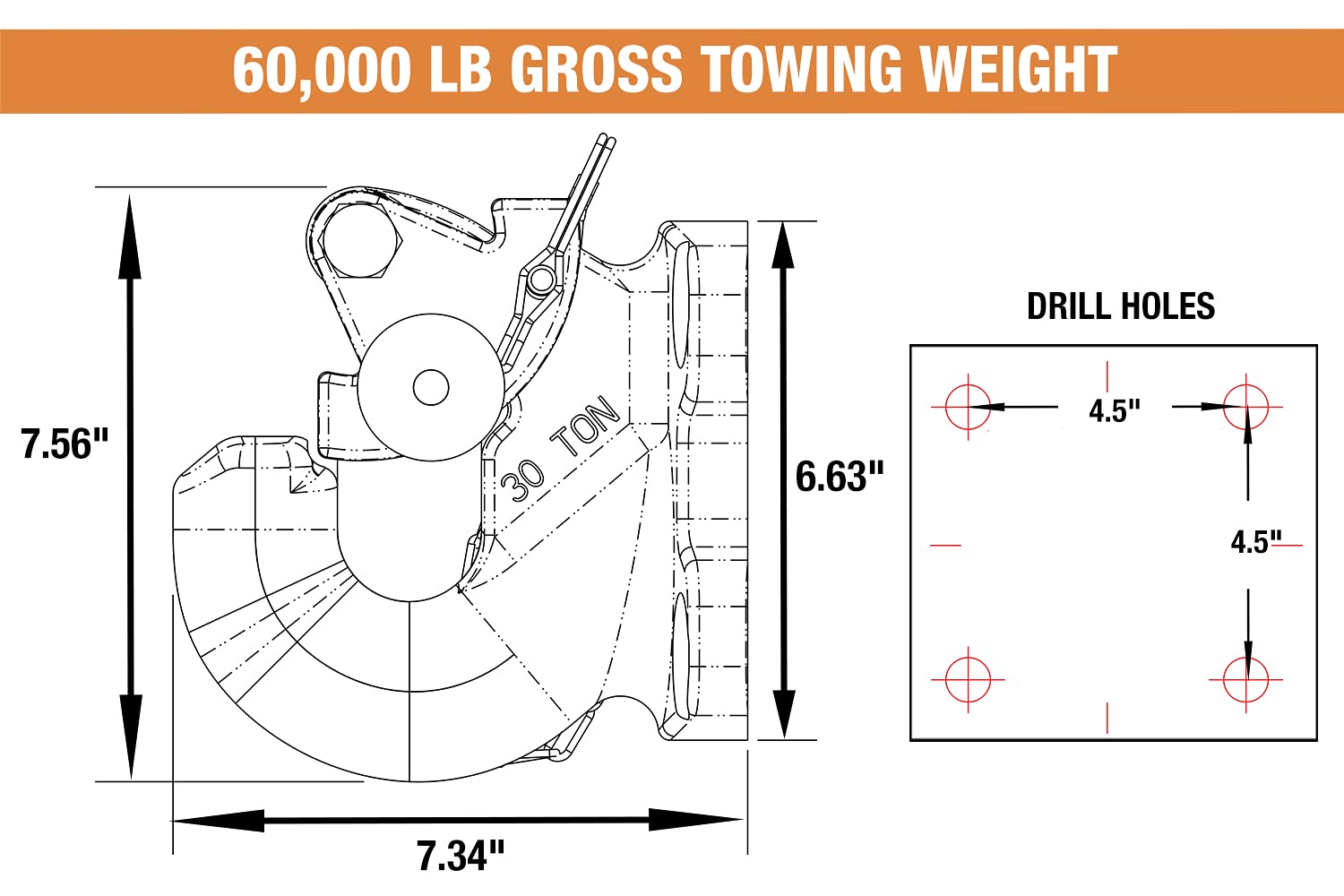 Buyers Products Ph30 30 Ton Pintle Hook, Mgtw 60,000 Lbs Pintle Hitch, 15,000 Lbs Mvl, Mounting Kit Sold Separately