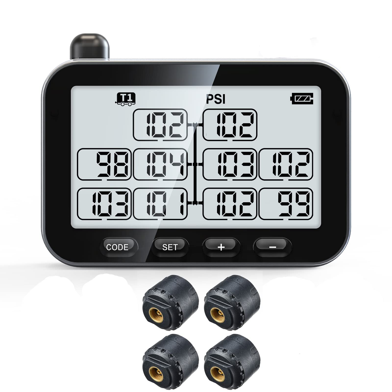 Guta Trailer Tire Pressure Monitoring System - Rv Tpms, 4 Sensors, 6 Alert Modes, Power Saving Display, Long Sensing Distance, W