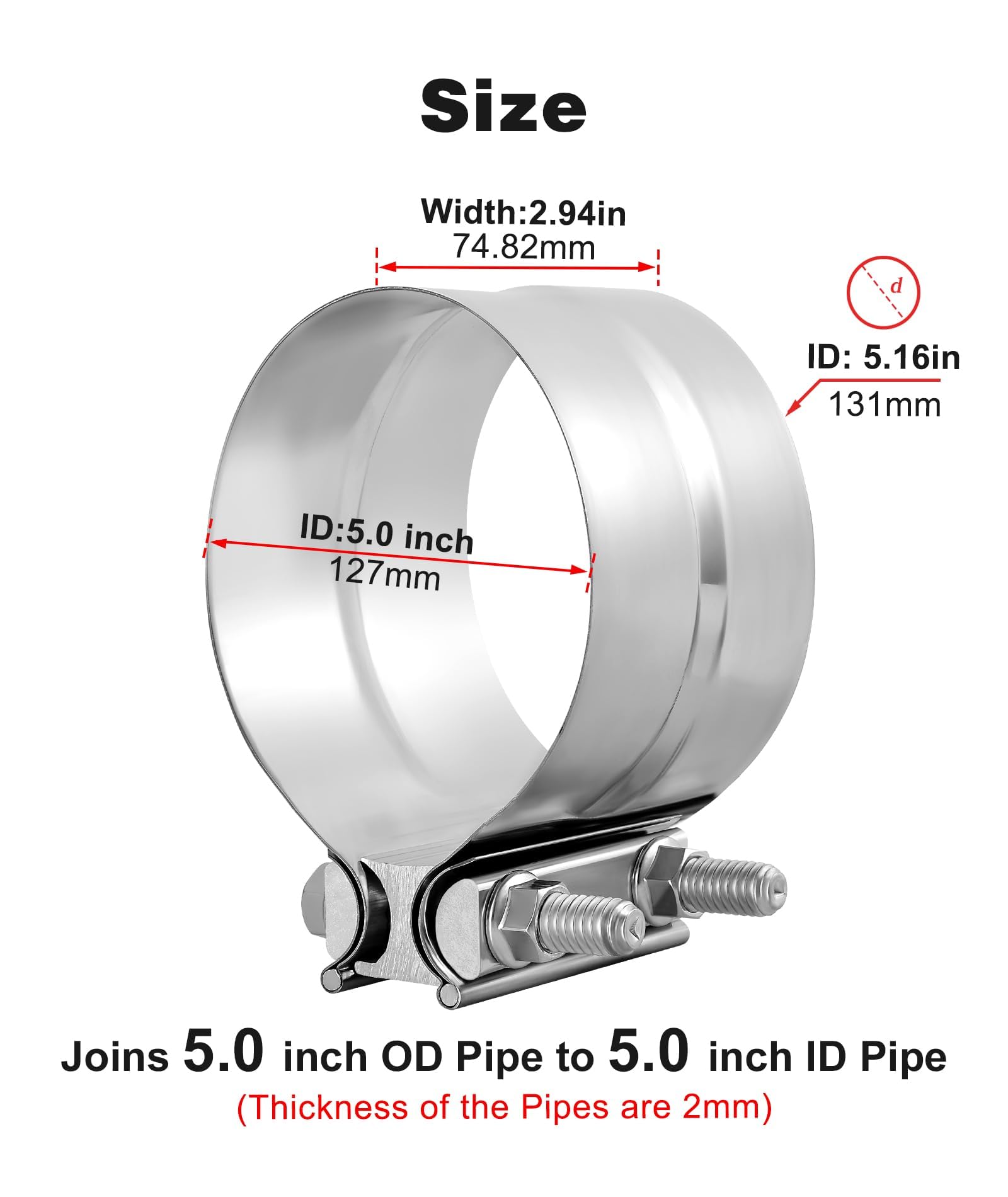 Evil Energy 5 ' ' Exhaust Clamp,Lap Joint Band Clamp Stainless Steel For Pipes,Mufflers,Catalytic Converters (4Pcs, 5 Inch)