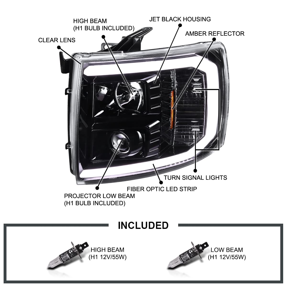 Spec-D Tuning Led Light Bar Jet Black Housing Clear Lens Projector Headlights Lamps Compatible With 2007-2013 Chevy Silverado 1500, Left + Right Pair Headlamps Assembly