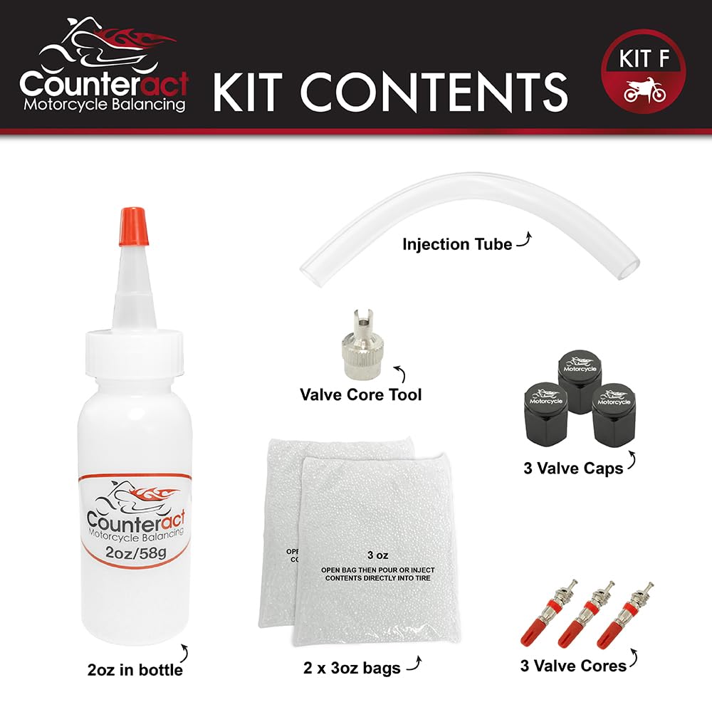 Counteract KIT-F Motorcycle Do It Yourself Tire/Wheel Balancing Beads Kit - (1) 2oz (2) 3oz Balancing Bead Applications, (3) Valve Caps and Cores, (1) Core Remover, Injector Bottle