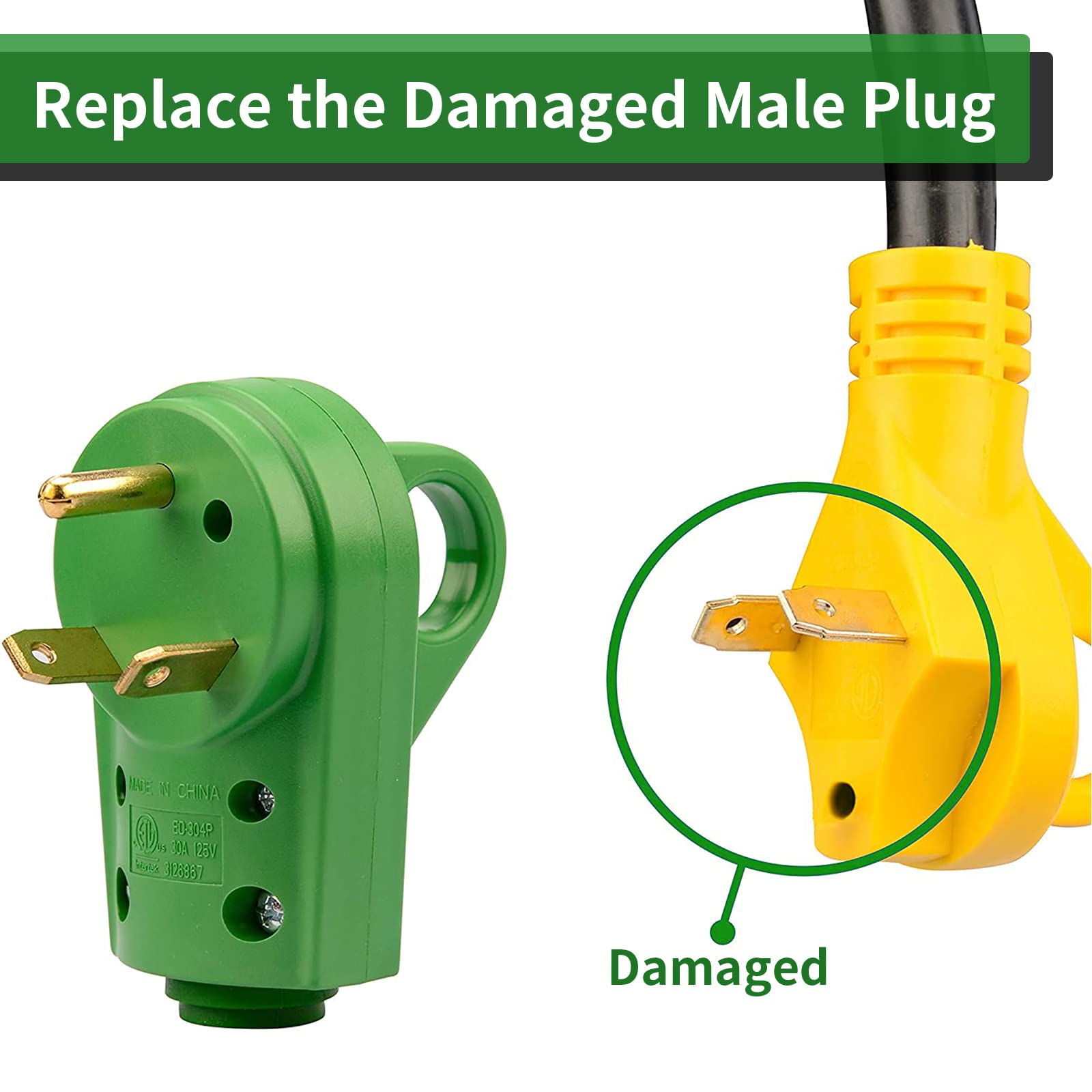 Rvguard Nema Tt-30P Rv Replacement Male Plug 125V 30 Amp With Disconnect Handle, Green