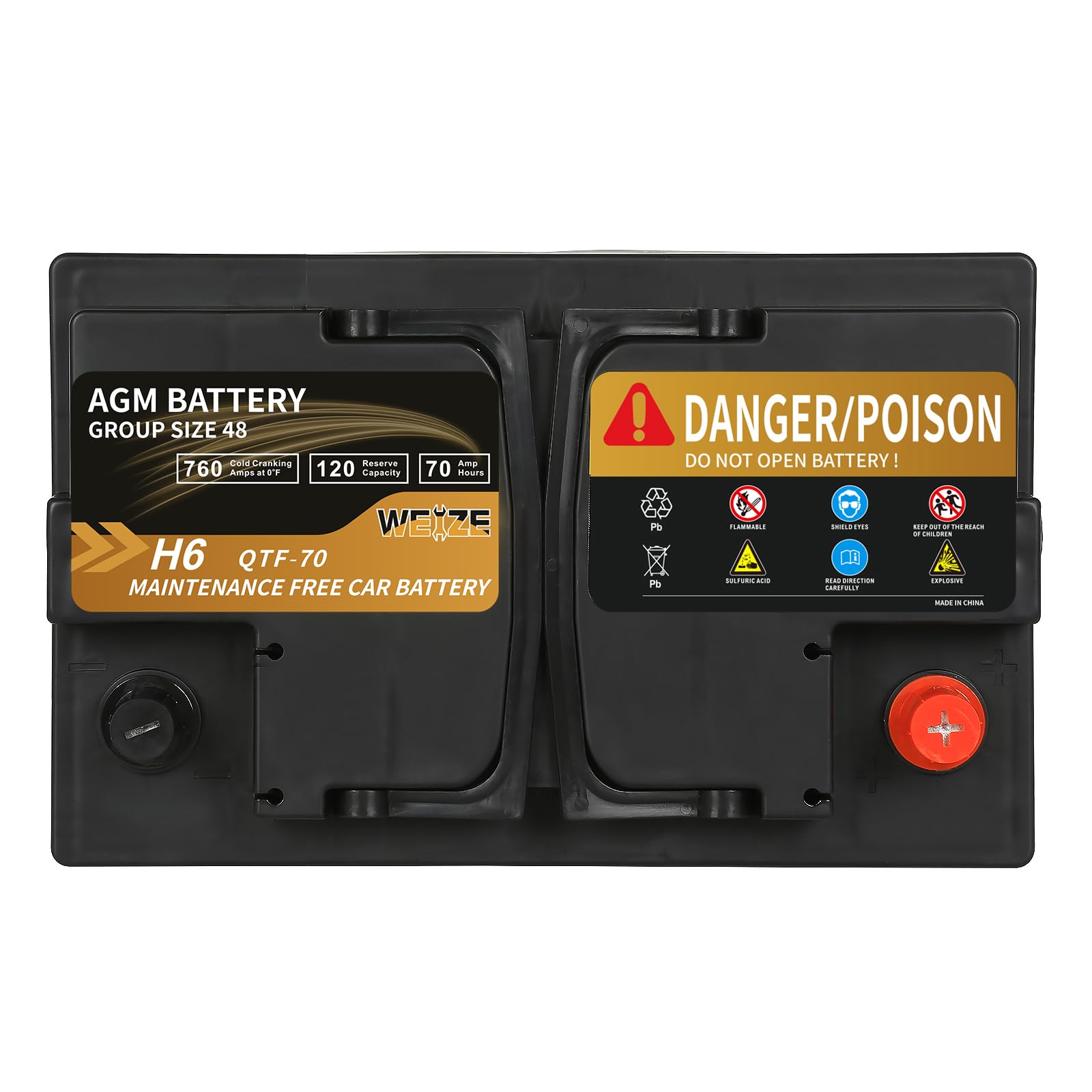Weize Platinum Agm Battery Bci Group 48-12V 70Ah H6 Size 48 Automotive Battery, 120Rc, 760Cca, 36 Months Warranty, Dimensions 10