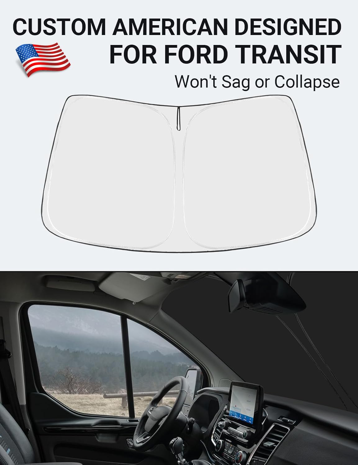 Proadsy 2025 Upgrade Windshield Sun Shade Custom Fit 2015-2023 2024 2025 Ford Transit 4-Layer Foldable Front Sunshade Protector