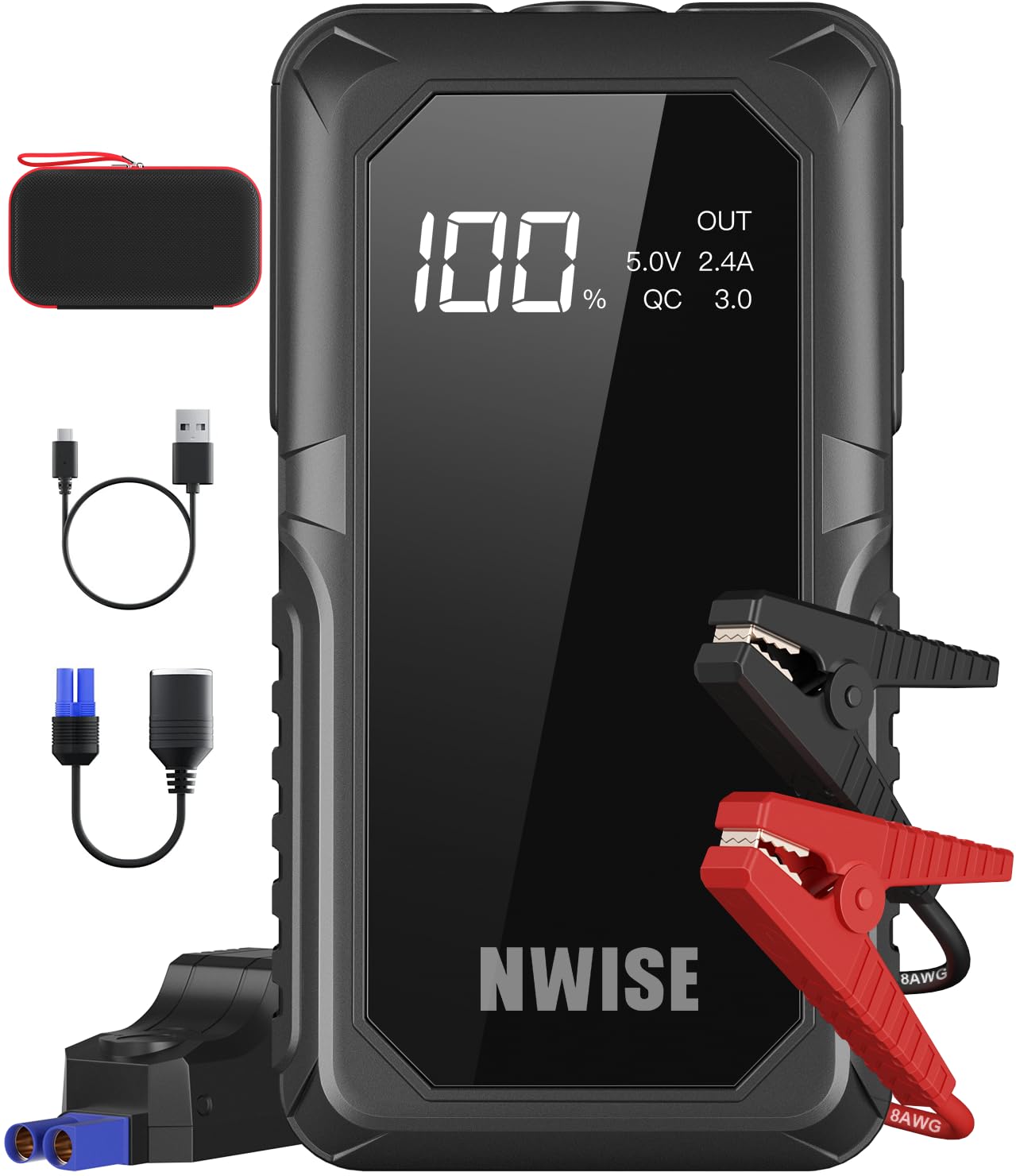 Nwise Car Jump Starter, 2000A Peak 20000Mah Portable Battery Starter With Smart Safety Jumper Clamps,12V Jump Boxes With Dual Usb Quick Charge 3.0, Led Light