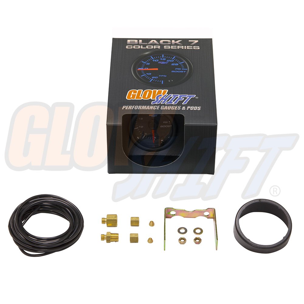 Glowshift Black 7 Color 35 Psi Turbo Boost Gauge Kit - Includes Mechanical Hose & Fittings - Black Dial - Clear Lens - For Car &