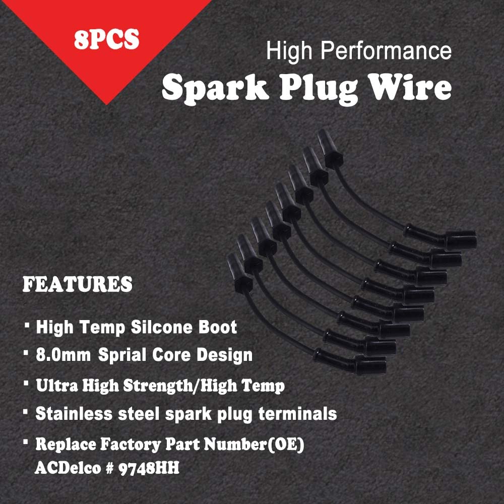 Rlp Set Of 8 Professional Spark Plug Wire 9748Hh 8.0Mm Black Compatible With Cadillac Escalade, Chevy Silverado Suburban Tahoe Gmc Sierra Yukon