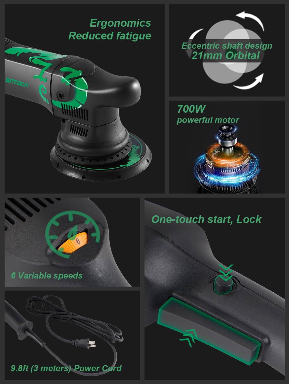 Batoca Dual Action Polisher, Auto Buffers And Polishers, Da Buffer For Car Detailing, 6 Inches And 700W Random Orbital,6 Variable Speed With Polishing Pads For Waxing,Buffing,Sanding