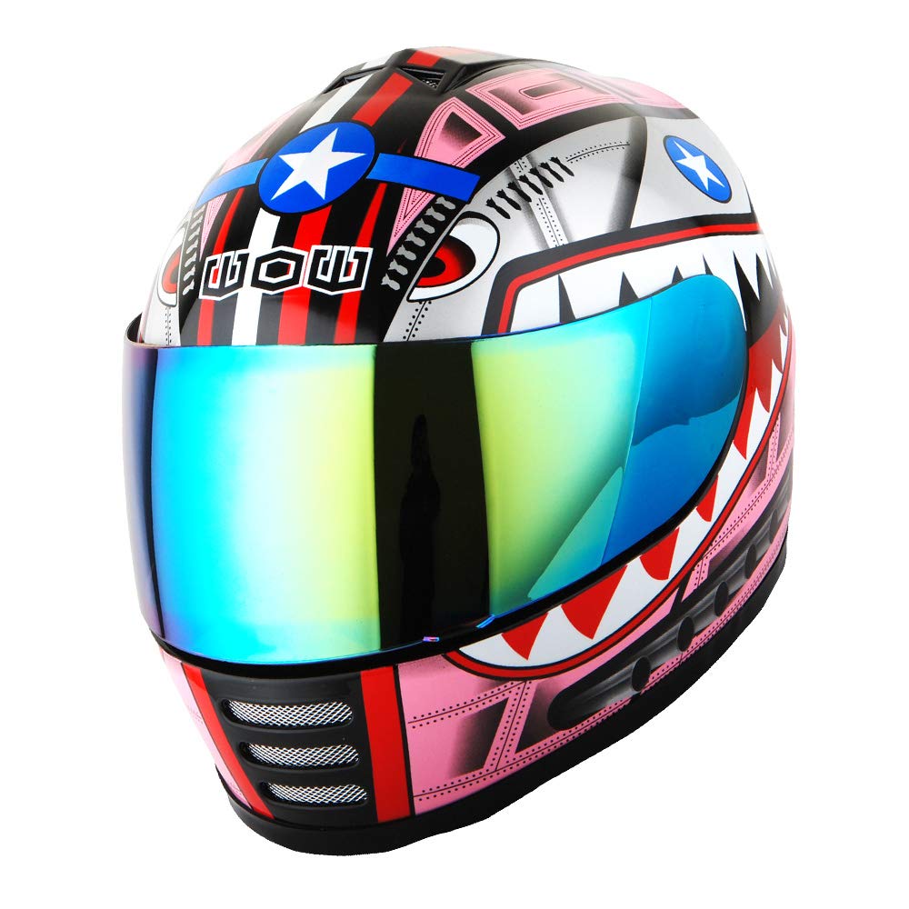 Wow Youth Motorcycle Full Face Helmet Street Bike Bmx Mx Kids Shark Pink + Mx Skeleton Glove Bundle