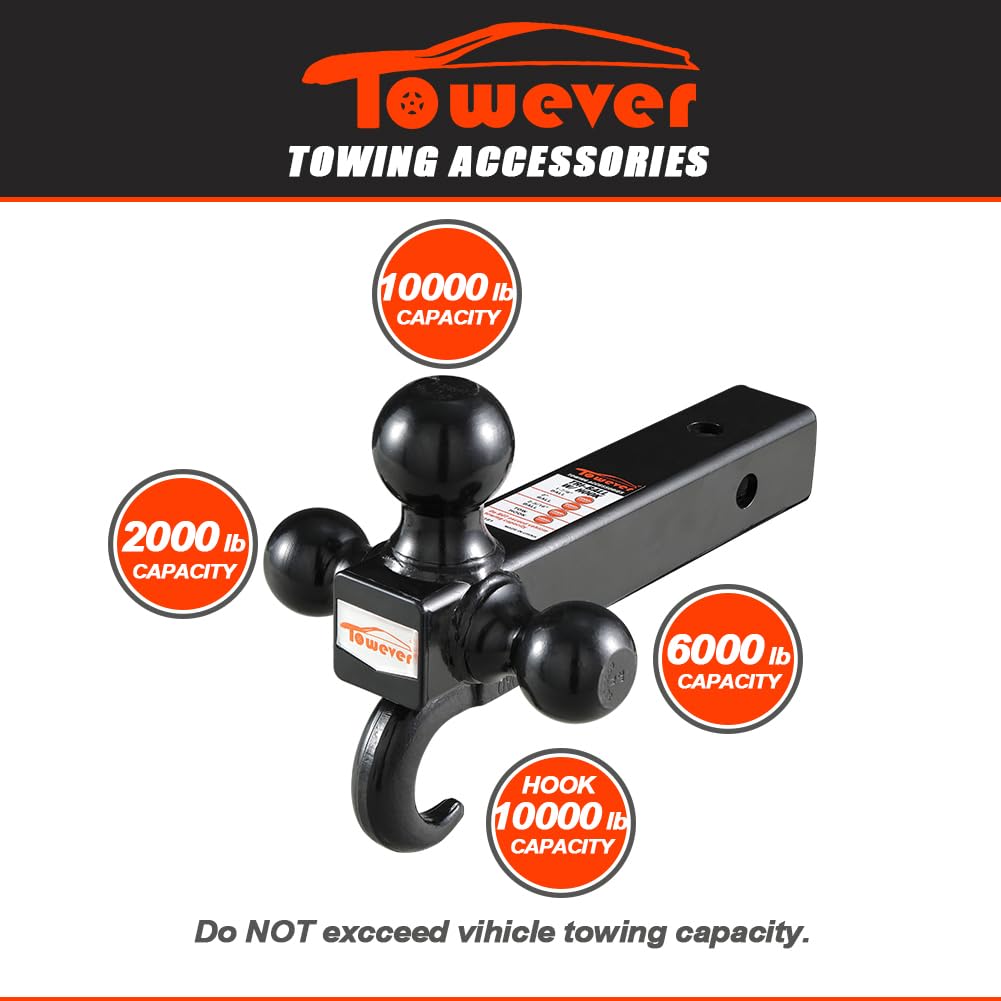 Towever 84181P Towever Class 3/4 Trailer Hitch 2 Inch Ball Hitch With Hook (Black, Hollow Shank), For Pickup Truck Hitch Receiver Pin And Clip Included
