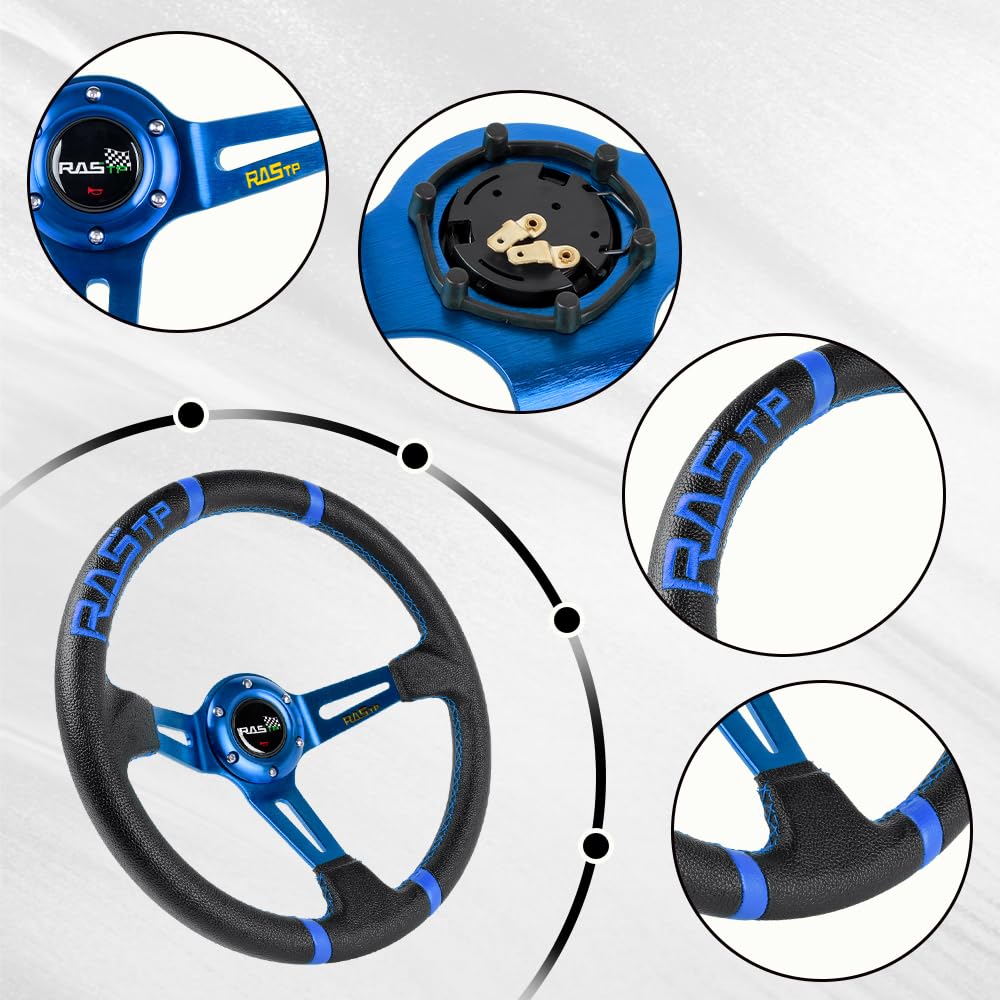 Rastp Universal Racing Steering Wheel,Deep Dish Steering Wheel Leather Embroidery 13.58”/345Mm 6 Bolts With Horn Button Include Cable, Wrench,Blue