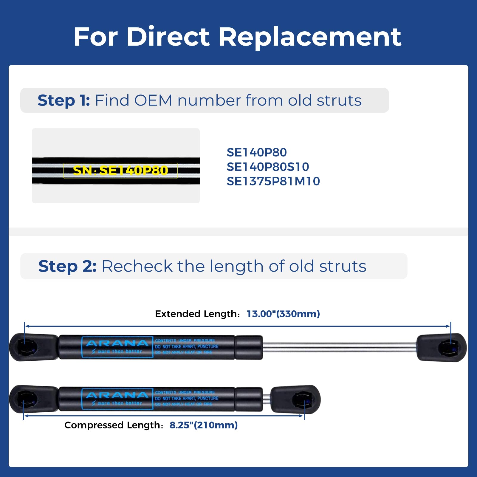 Arana Se140P80 14 Inch 80Lb/356N Gas Struts Shocks, Se140P80S10 14 '' 80Lb Replacement Lift Support Gas Spring For Travel Traile