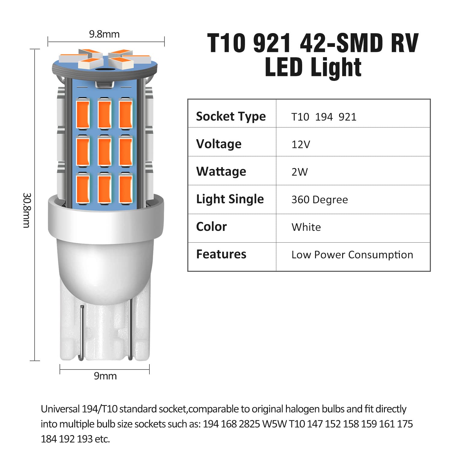 Acohuike T10 921 194 168 175 Led Bulbs Warm White 20-Packs, Super Bright 3014 42-Smd Led Replacement 12 Volt Rv Camper Trailer B