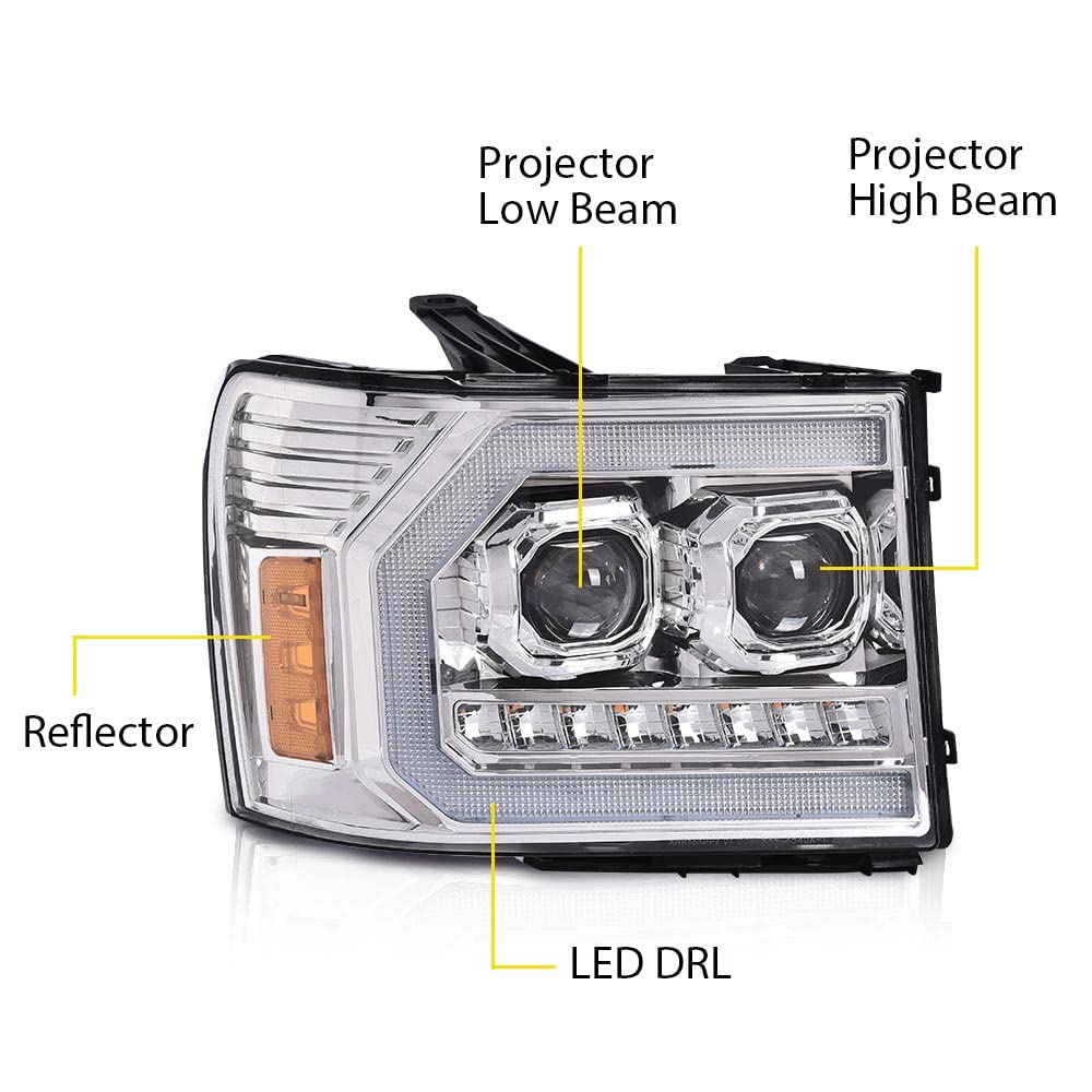 Cheda Led Drl Tube Projector Headlights Compatible With Gmc Sierra 1500 2007-2013/Fit Sierra 2500Hd 3500Hd 2007-2014 Clear Lens