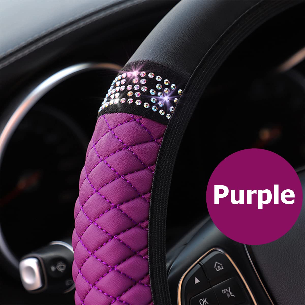 Bling Leather Steering Wheel Cover, Colorful Rhinestones Elastic Steering Wheel Protector, Pu Soft Leather With Crystal Diamond,
