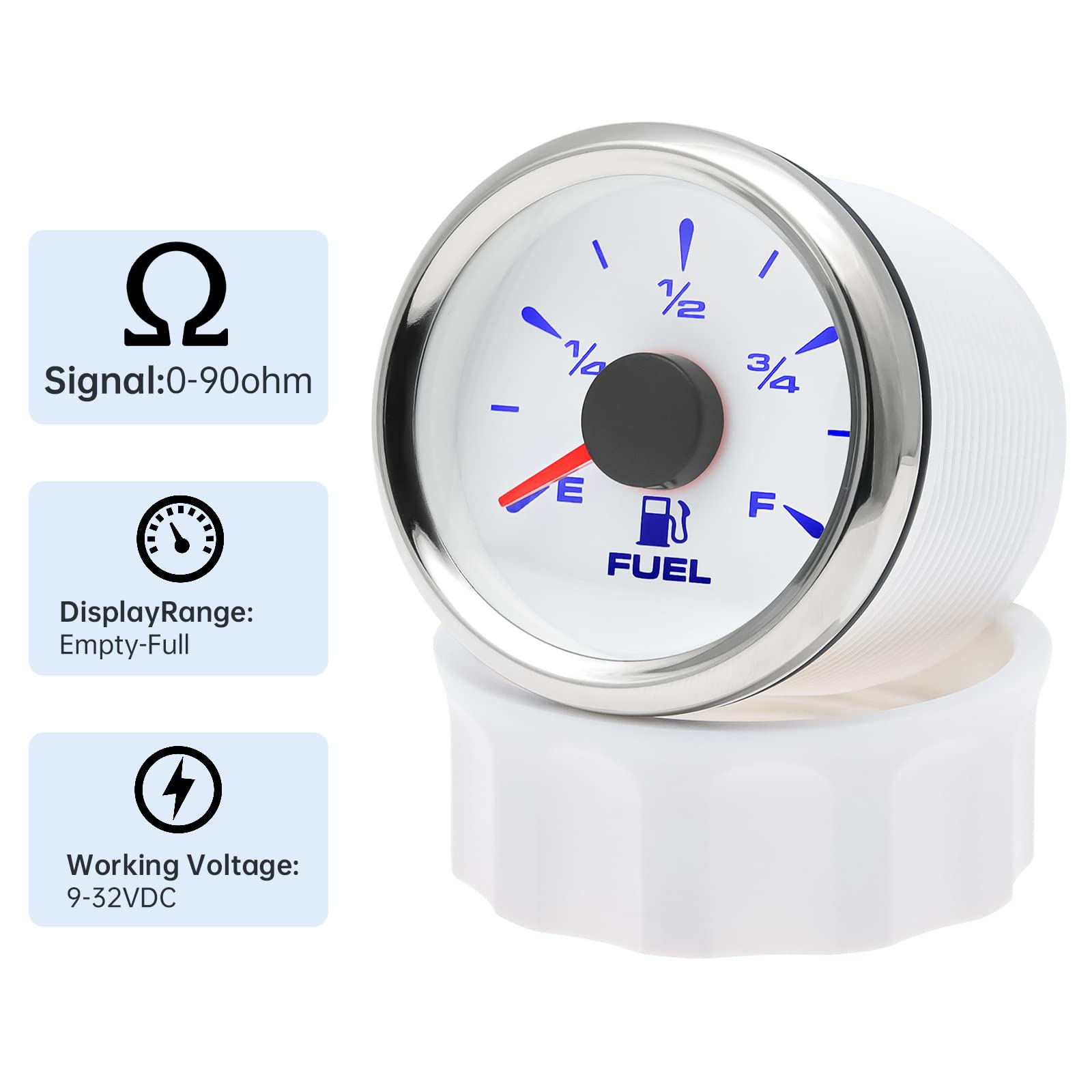 ARTILAURA Marine Boat Fuel Gauge – 0-90 Ohm Gas Level Meter, 52mm, White, Metal, Universal for Car, Truck, RV