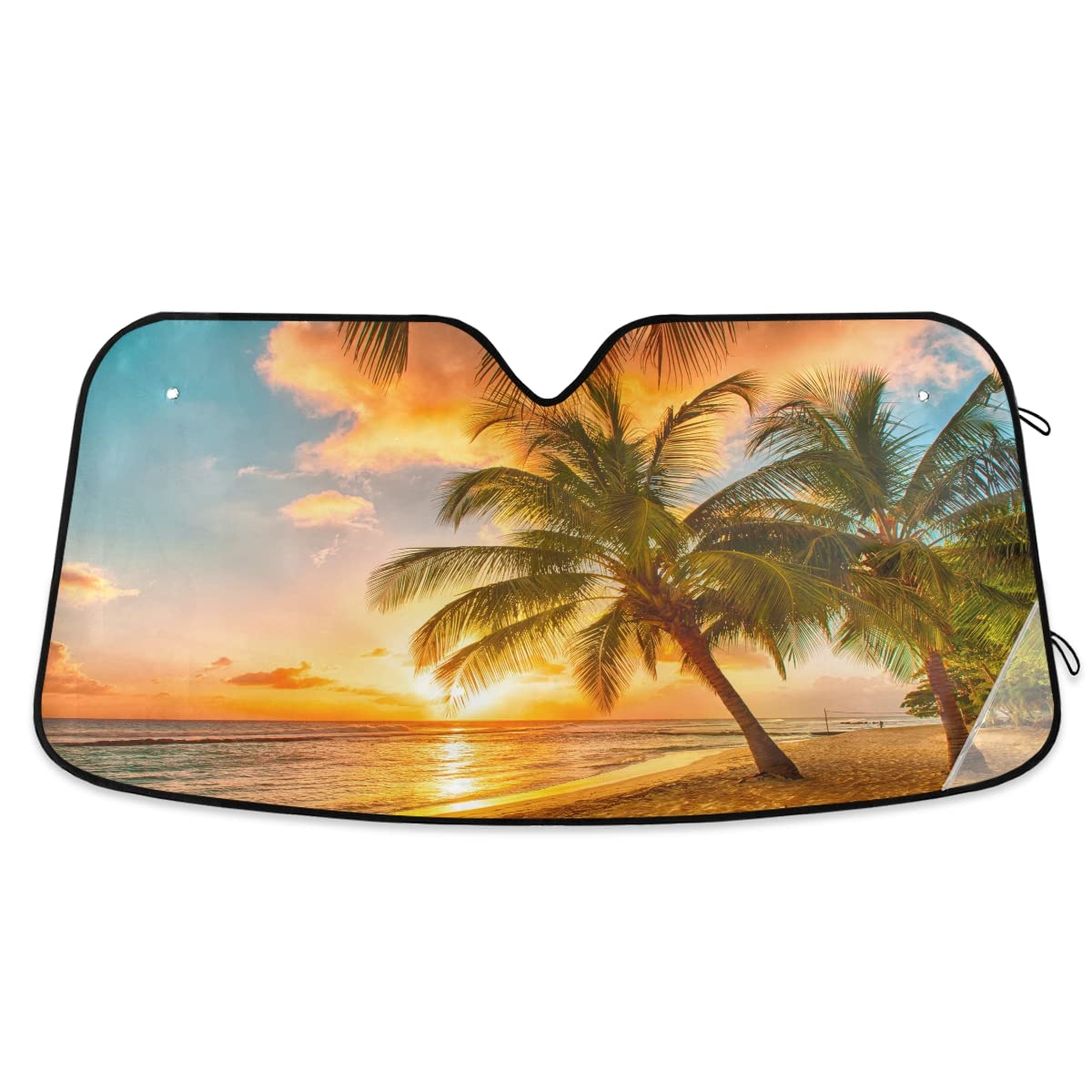 Windshield Sun Shade Hawaii Palms Beach Sand Sunset Summer Tropical Caribbean Ram Front Window Block UV Shades Visor Reflective 