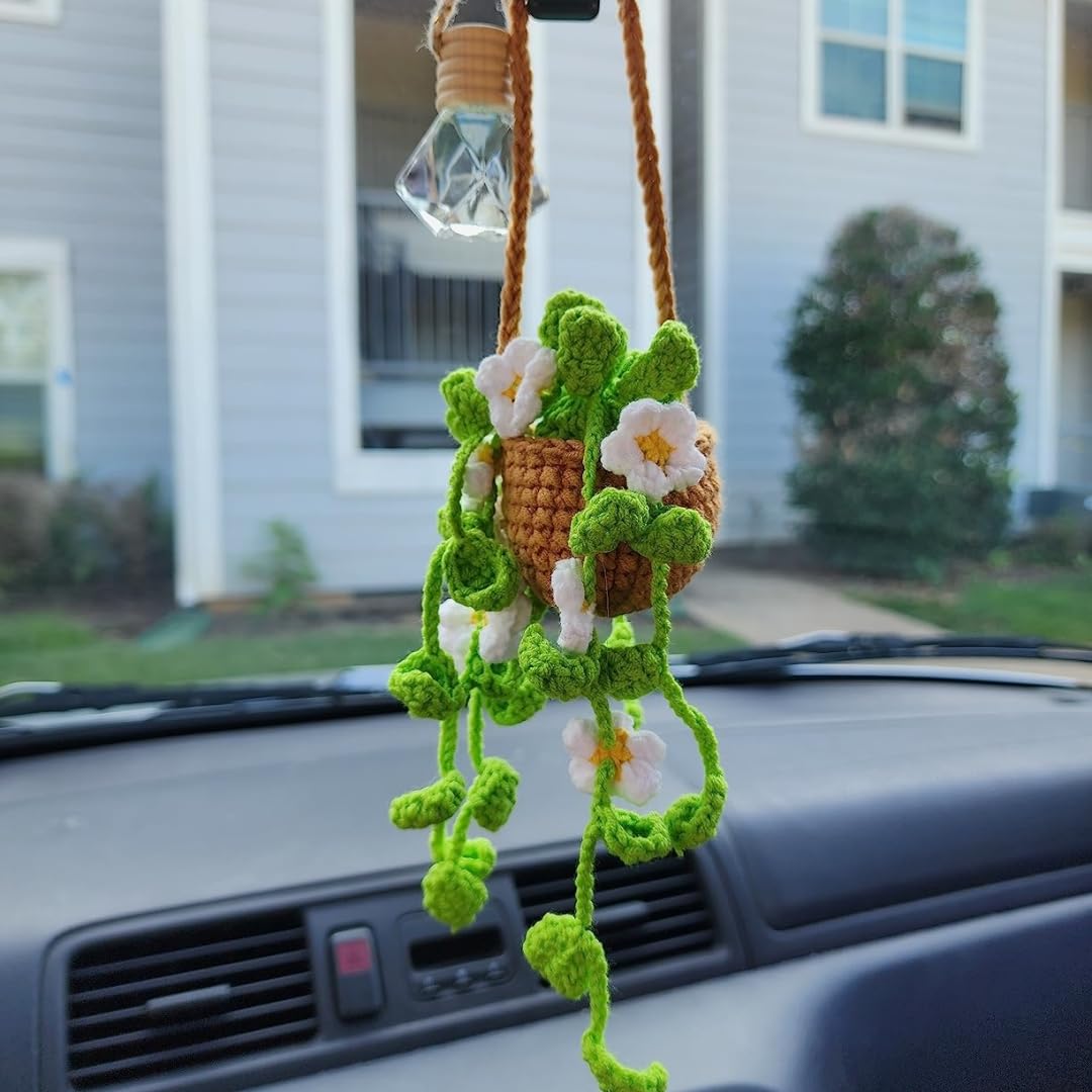 hanging plant for car mirror GZPCXMZ Car Mirror Hanging Accessories , Car Rearview Mirror Decor,Cute Crochet Orchid Hanging Ornament for Women, Pendant Plant for Gift-Handmade