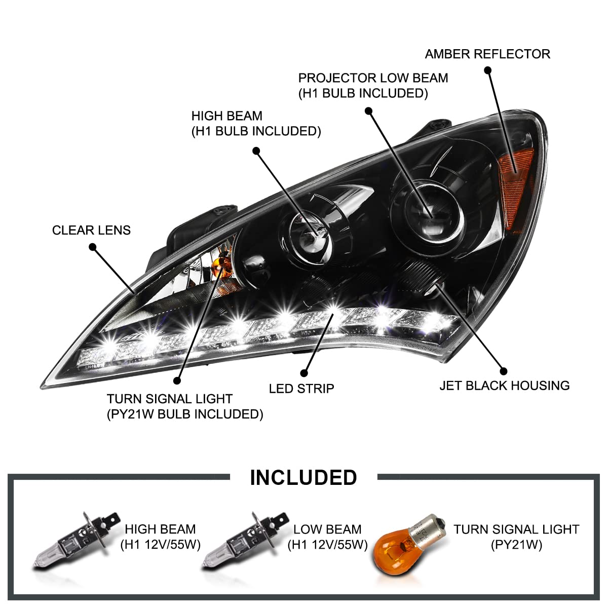 Spec-D Tuning Led Jet Black Projector Headlights Compatible With 2010-2012 Hyundai Genesis 2Door Coupe, Left + Right Pair Headlamps Assembly