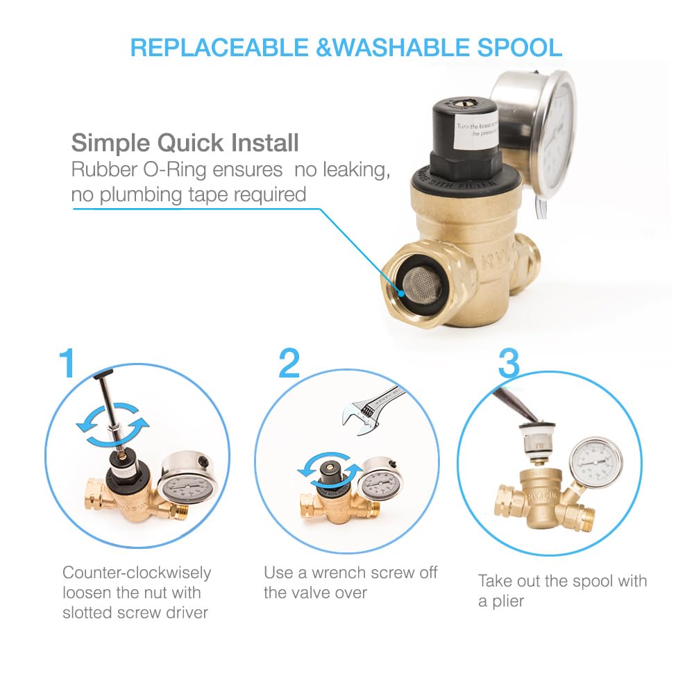 Rvaqua M11-45Psi Adjustable Water Pressure Regulator For Rv Camper - Essential Rv Accessories With 160 Psi Gauge, Inlet Stainles