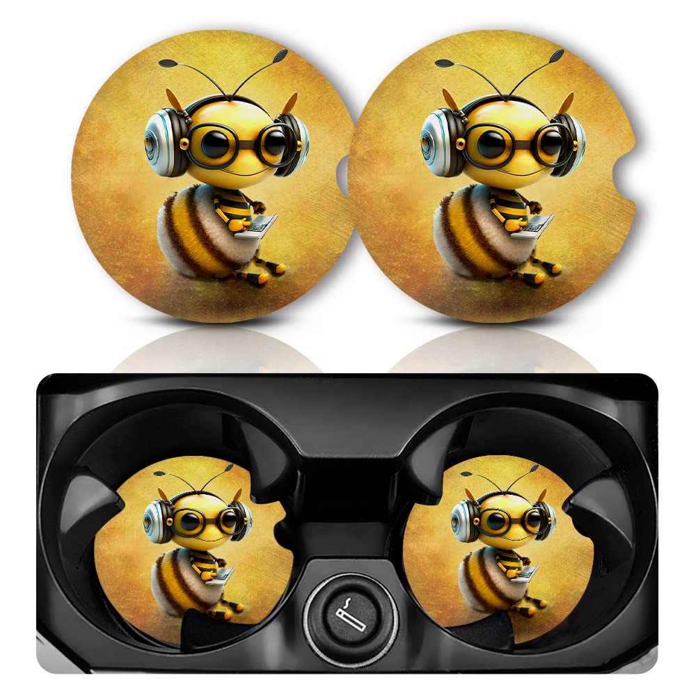 Bee Car Coasters - Anti Slip Rubber Mat With Finger Notch, 2 Pack For Car Cup Holders, Cute Interior Accessories