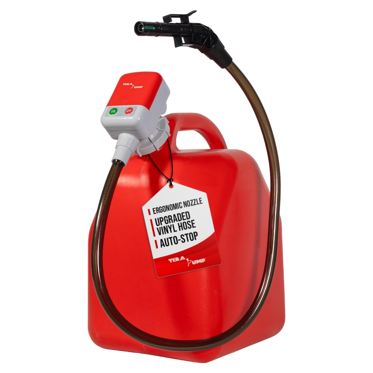 TERA PUMP TRFA01 Battery Powered Gas Fuel Transfer Pump (5th GEN), Auto-Stop, 3.25-ft Long Hose, Gasoline, Diesel, Kerosene, Ele