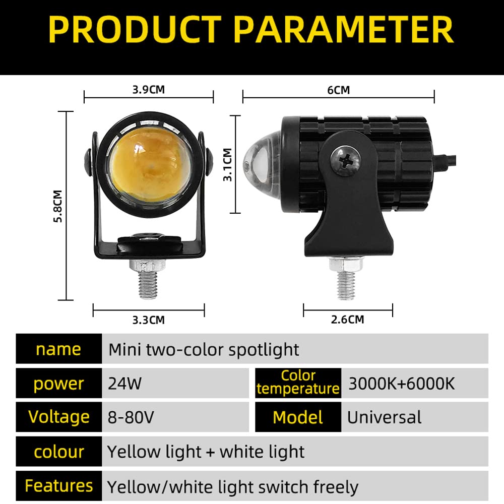 2Pcs Super Bright 24W Led Two-Color White Amber Spotlight + 2Pcs On-On-Off Switch, Waterproof Auxiliary Motorcycle Headlight Fog