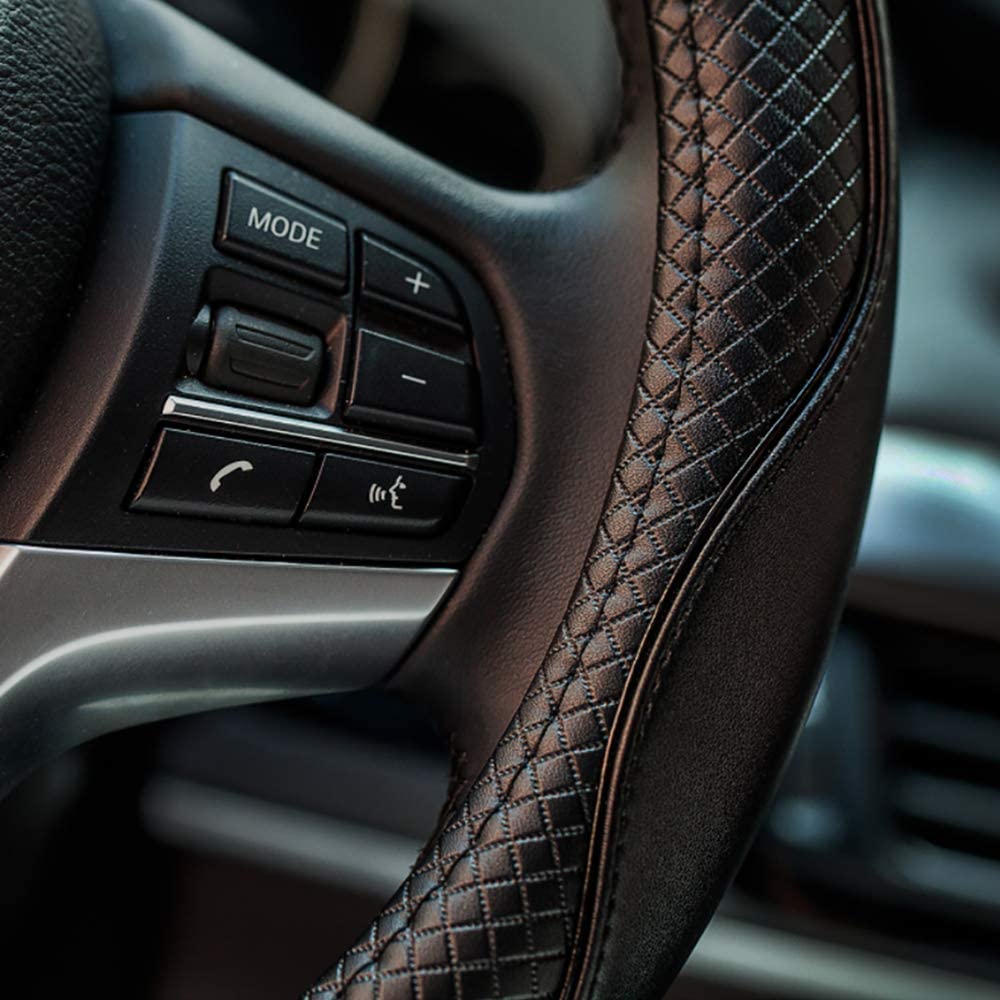 Valleycomfy Steering Wheel Covers Universal 15 Inch - Genuine Leather, Breathable, Anti Slip & Odor Free (Black With Black Lines