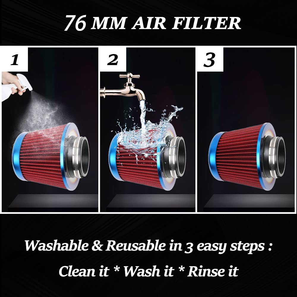 Cold Air Intake Filter, High Performance, Washable Filter, Clamp-On Replacement Air Filter, Flange Diameter 3Inch/76Mm Red