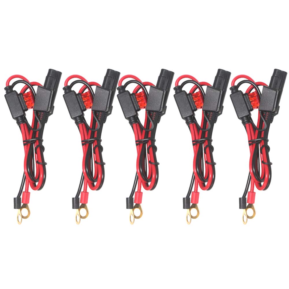 [5 Pack] 2Ft Motorcycle Battery Charger Cord, Sae To O Ring Terminal Quick Disconnect Assembly Extension Cable, Sae 2Pin Wire Harness Reverse Polarity Adapter Port Accessory, 10A Fuse (5Pack-2Ft)