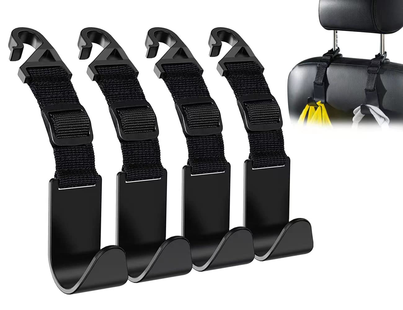 Flymic Adjustable Car Seat Headrest Hook, Universal Storage Headrest Hanger, Holder Hooks, Organizer For Vehicle, Strong And Durable Backseat Hanger Interior Accessories For Handbag Purse Coat 4 Pack