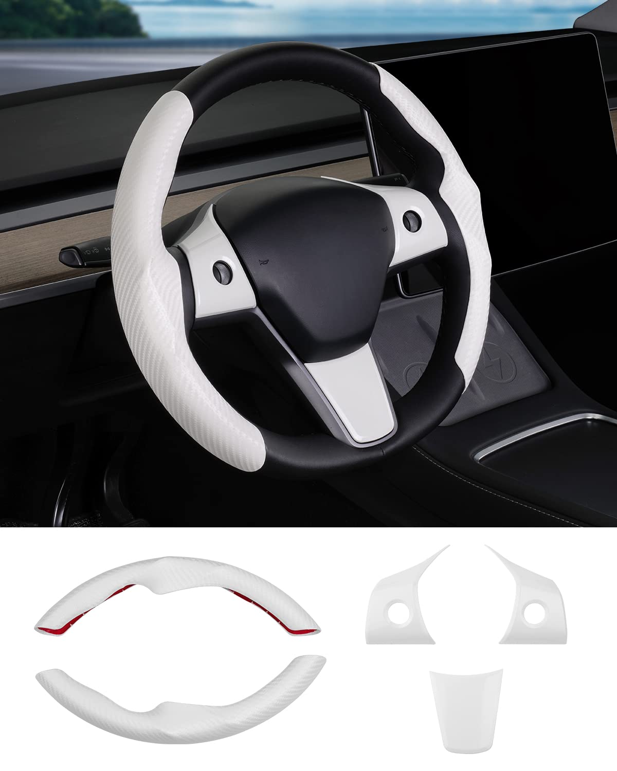 Canvcle Steering Wheel Cover For Tesla Model 3/ Model Y Carbon Fiber Steering Wheel Wrap Kit Anti-Slip Steering Wheel Trim Prote