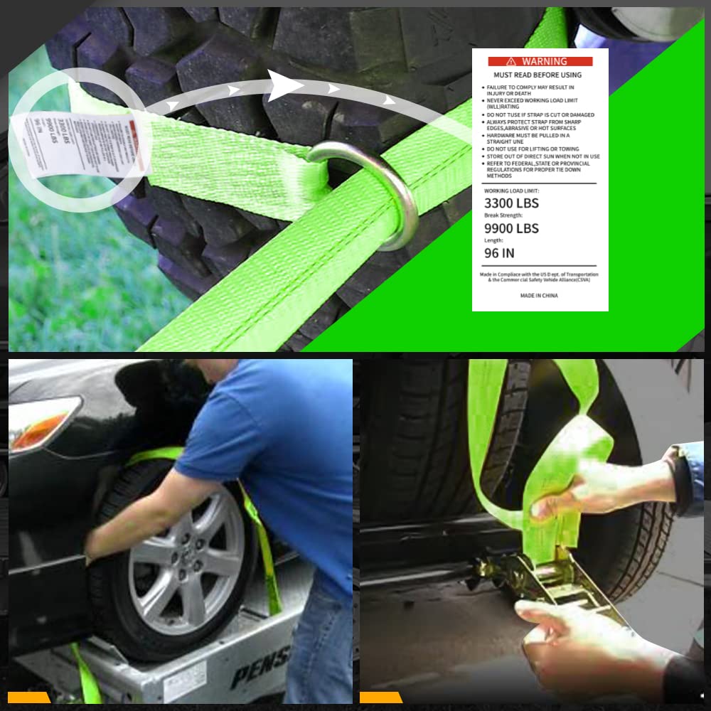 Digank Car Tie Down Straps - 4 Pack Adjustable 2"x96" Green, 3,300lb Load, High-Level Polyester, Model DK-CTDWFH-Y-G