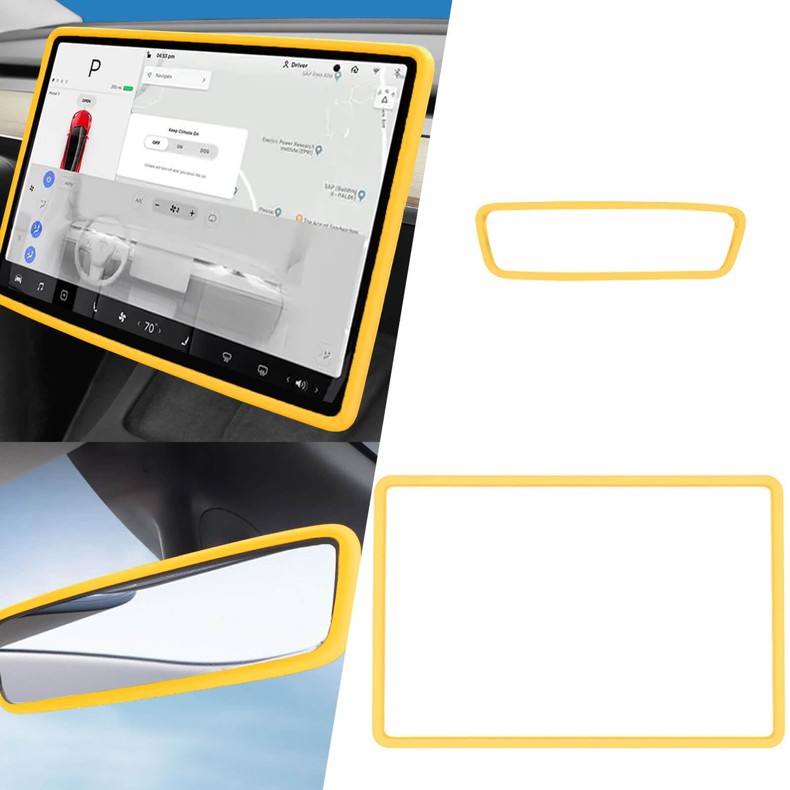Yeapop 2Pcs Silicone Protector Frames of Screen and Rear View Mirror for Tesla Model 3 2017-2023 and Model Y 2019-Feb.2025. (Yel