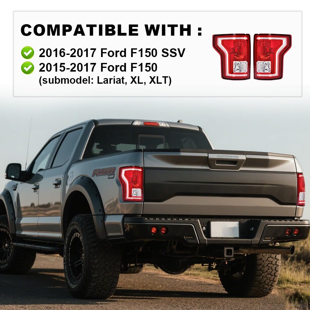 Pit66 Tail Lights Compatible With Ford F150 2015-2017 (Submodel: Lariat, Xl, Xlt) Red Lens Rear Lights Brake Lamps Drive & Passe