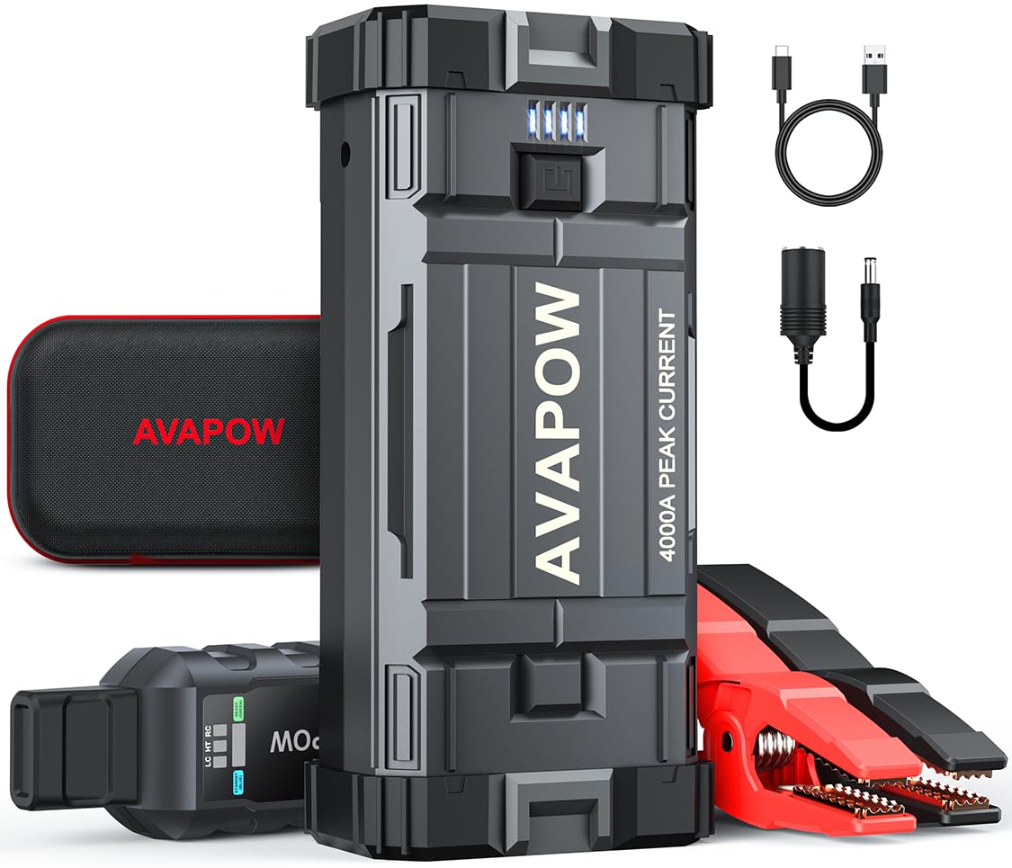 Avapow Car Jump Starter, 4000A Peak Battery (For All Gas Or Up To 10L Diesel), Portable Booster Power Pack, 12V Auto Jump Box Wi
