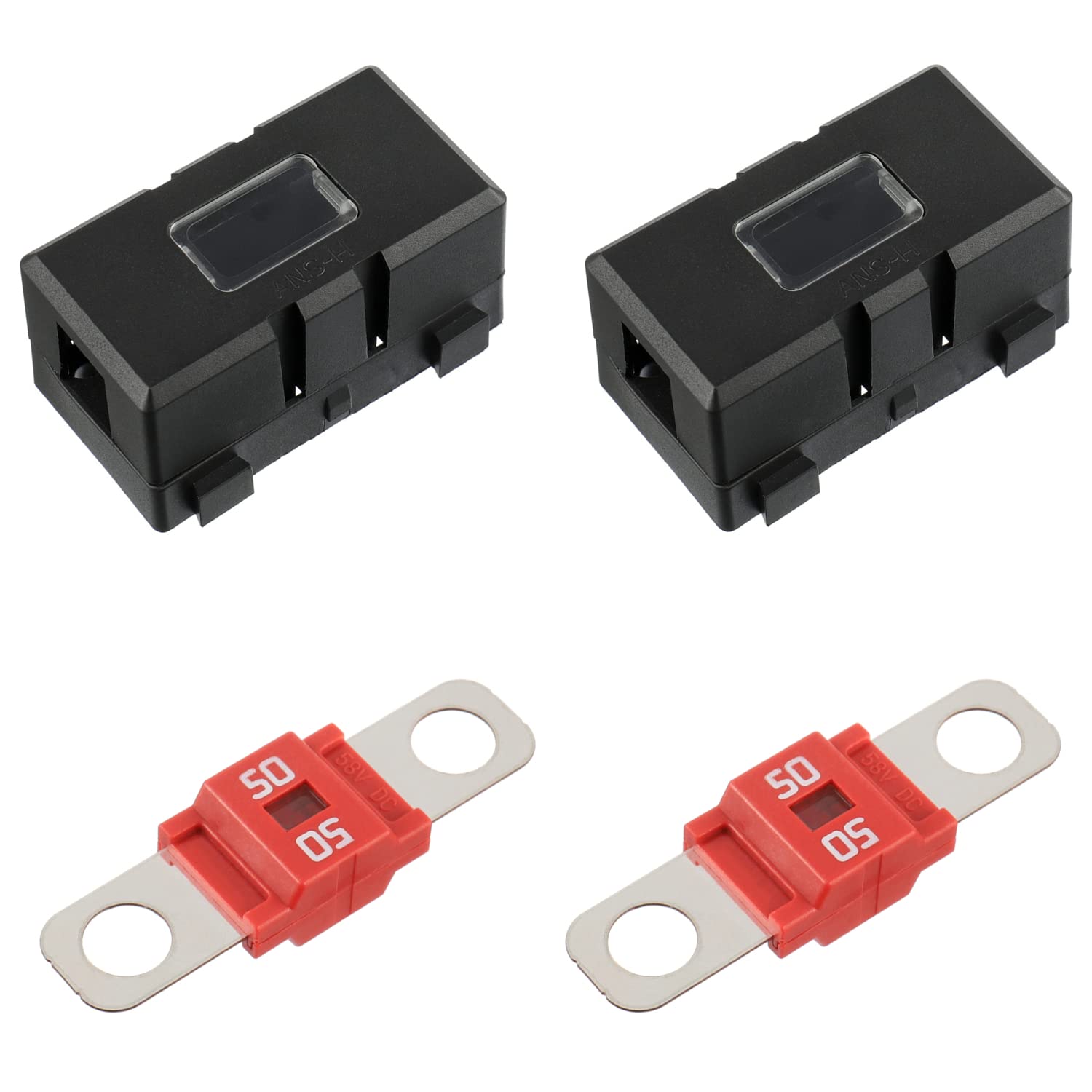 Bojack 50 Amp Ami/Midi Fuse Holders And High Current Bolt-On Midi Fuses 50A For Cars Trucks Vehicles (Pack Of 2