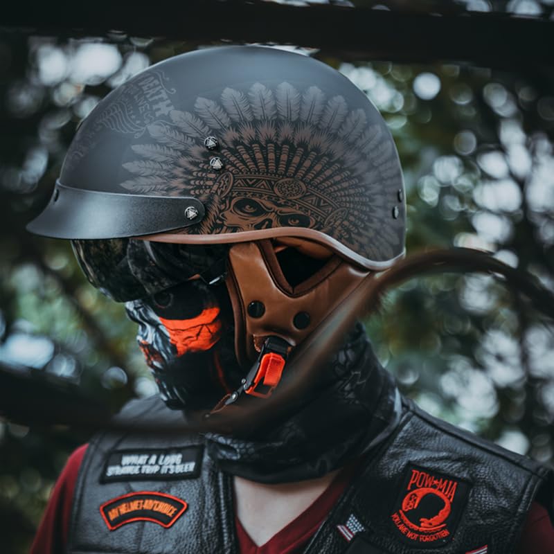 Motorcycle Half Helmet Sun Visor Quick Release Buckle Dot Approved Half Face Helmets For Men Women (F02-Indian, M)