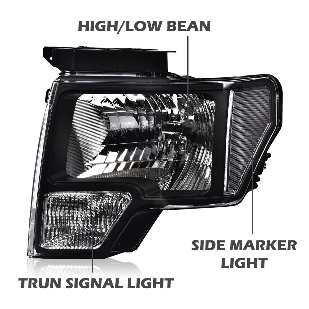 Pit66 Headlight Assembly Compatible With 2009-2014 Ford F150, Left And Right Driver & Passenger Halogen Headlamp Replacement Cle