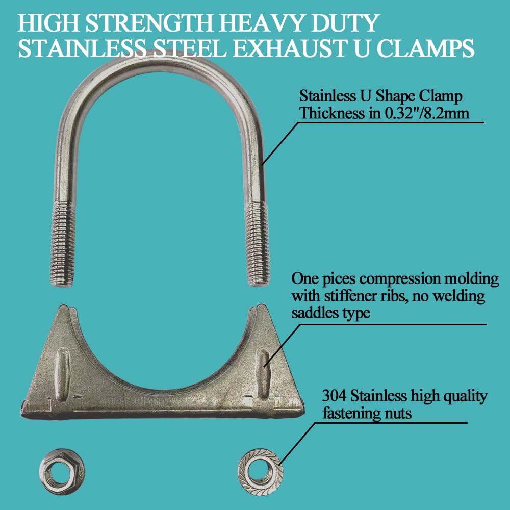 Universal Heavy Duty 1-1/2 Inch Stainless Exhaust U-Bolt Clamp, 1.5 Inch Muffler U Clamps Saddle Design With Reinforced Ribs