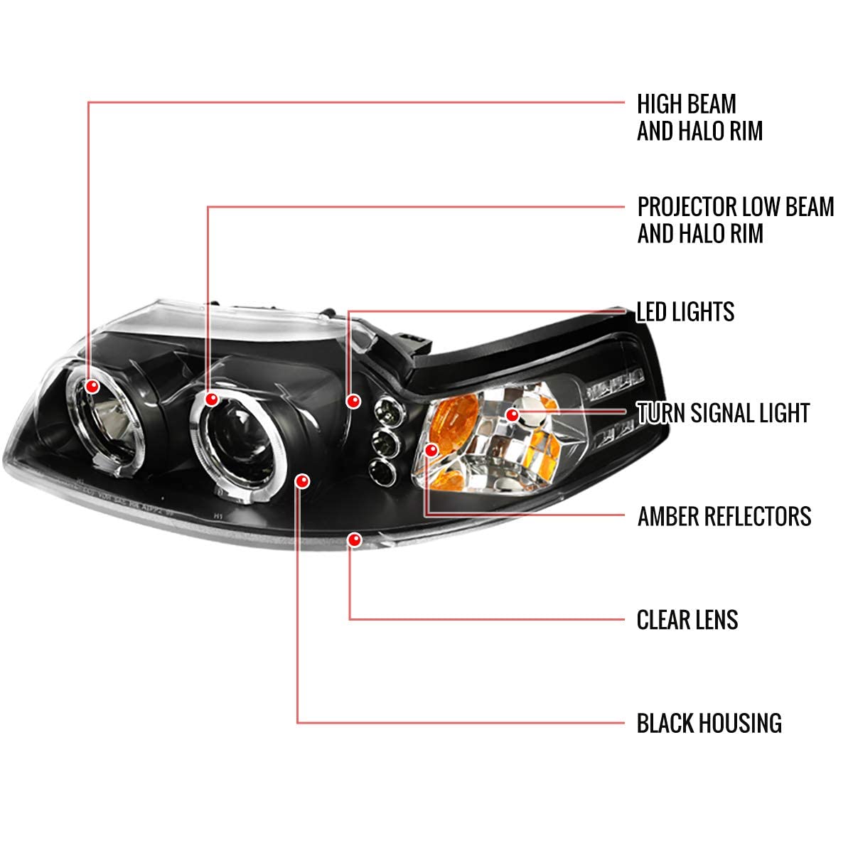 Carpartsinnovate Fits 99-04 Replacement Black Led Halo Projector Headlights Head Lamps
