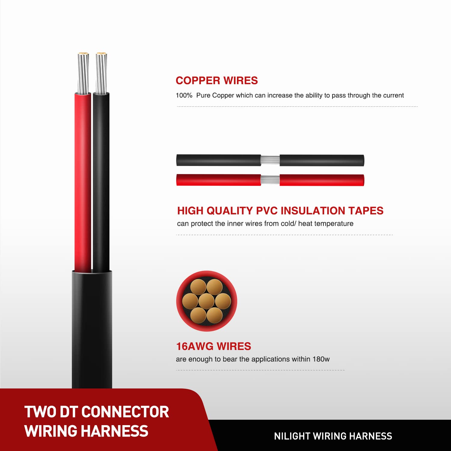 Nilight 2PCS 16AWG 10FT Wiring Harness Extension Kit, 2-Pin DT Connector for Offroad LED Light Bar, Work Light, Fog Light