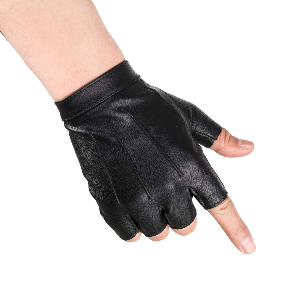 Jisen Men Pu Leather Punk Half Finger Snap Performance Gloves Black1
