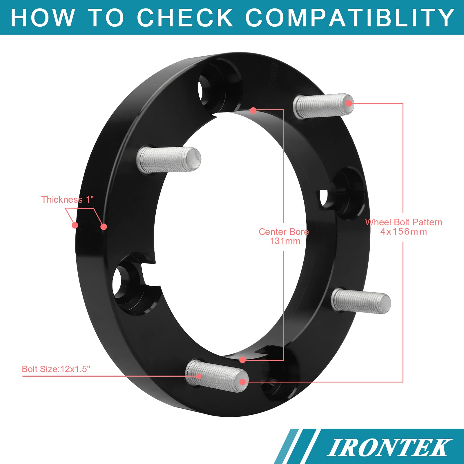 IRONTEK 4x156mm ATV Wheel Spacers 1''(25mm) Thickness with 12x1.5 Studs 131mm Hub Bore Fit for Polaris Sportsman 400 500 600 700