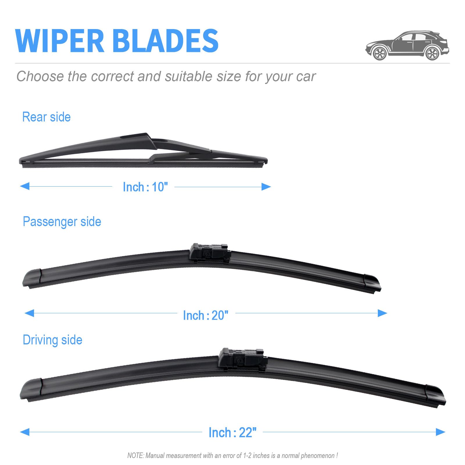 Gavimnal 22''+20''+10'' Silicone Wiper Blades Replacement For Jeep Renegade 2015-2023,All-Season Front Rear Windshield Wiper Bla