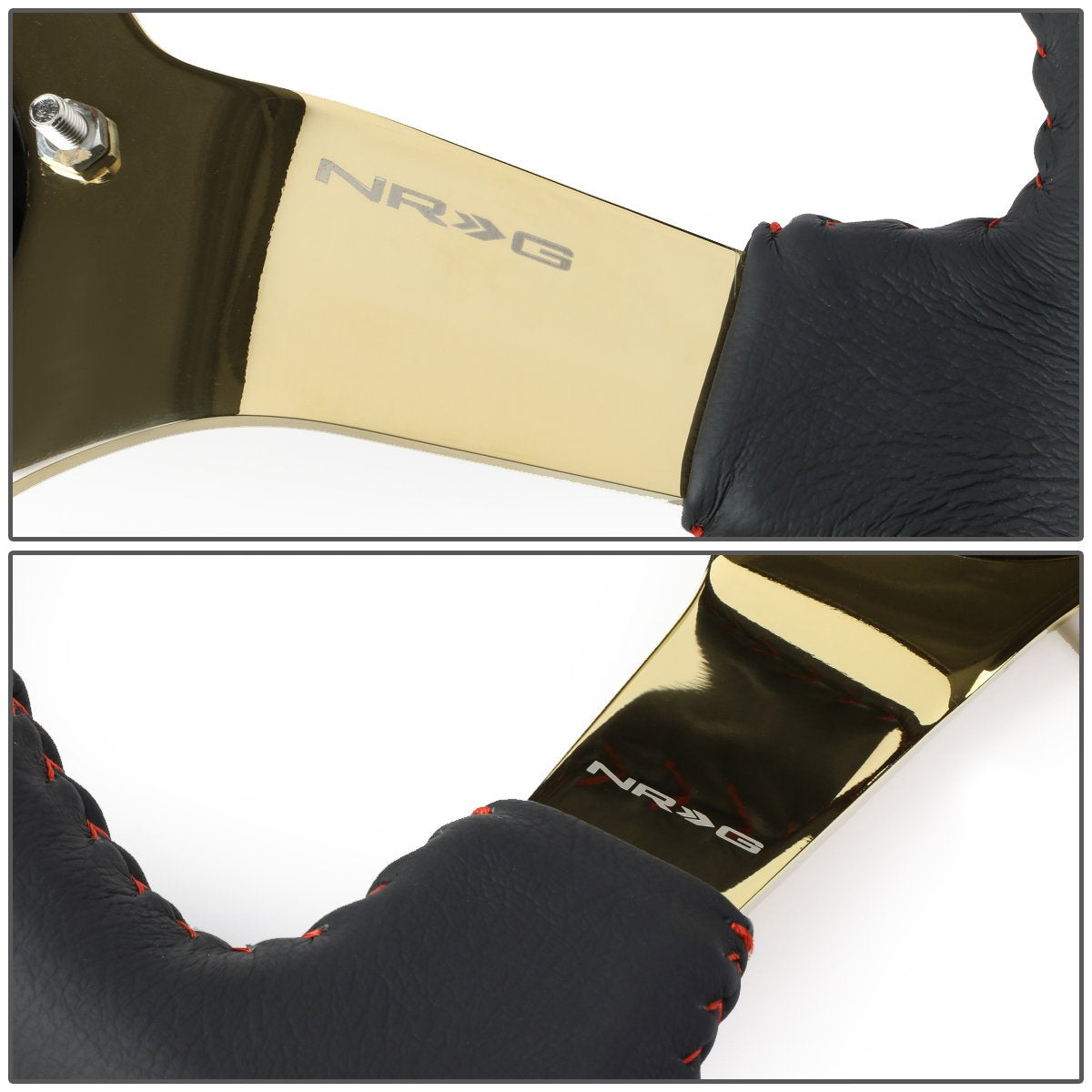 NRG Innovations NRG-RST-036GD Reinforced Steering Wheel - 350mm Sport Steering Wheel (3' deep) Black Leather with Red Baseball Stitching - Chrome Gold Spoke