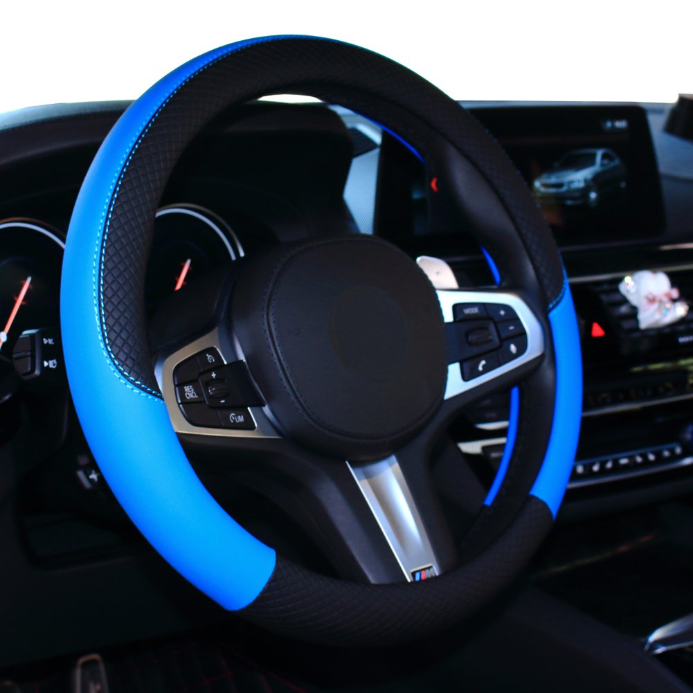 Shiawasena Car Steering Wheel Cover, Leather, Universal 15 Inch Fit , Anti-Slip & Odor-Free (Black&Blue)