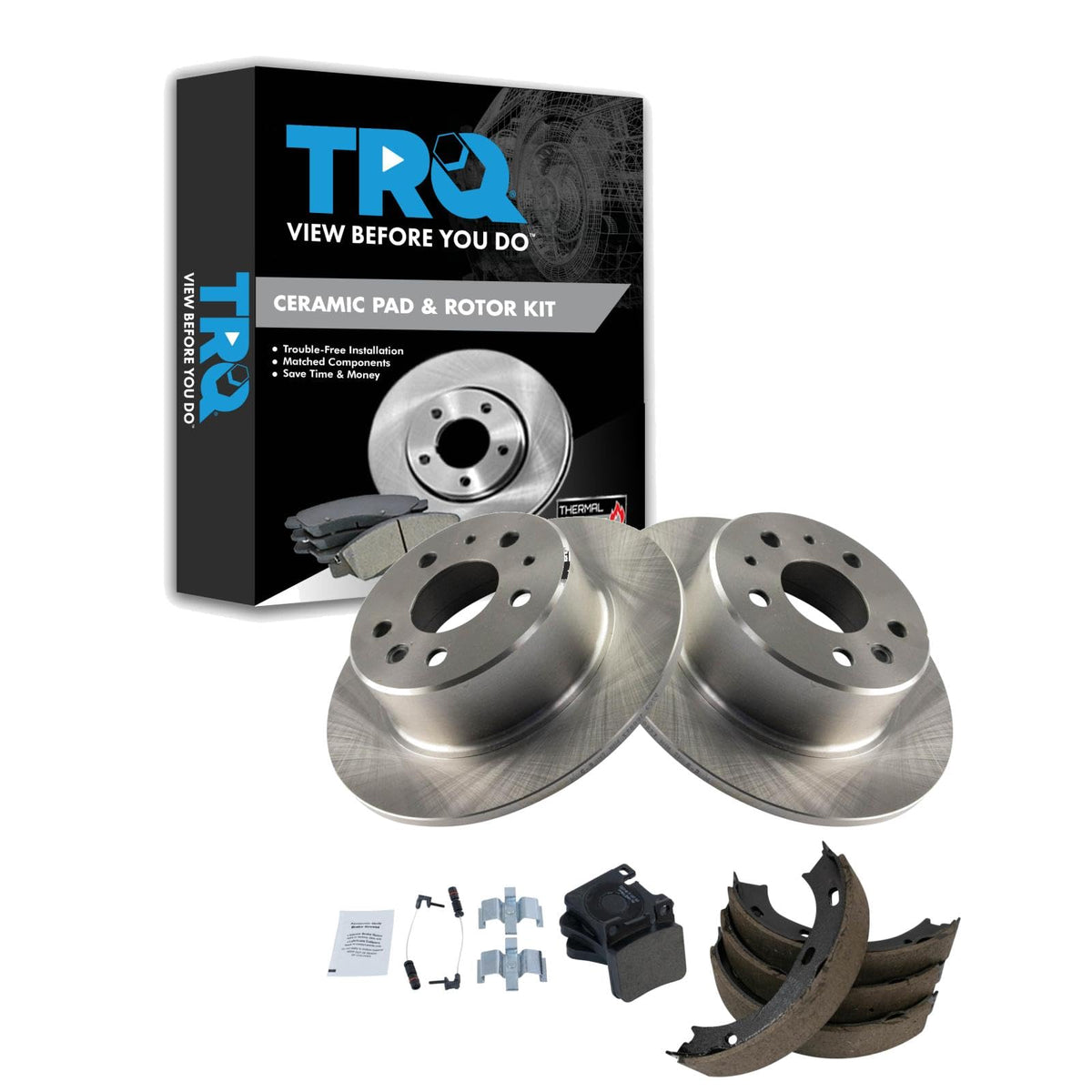 Trq Rear Brake Pad & Rotor Kit Brake Pads Brake Rotor Parking Brake Shoe Set Ceramic Compatible With 1990-1991 Mercedes-Benz 300