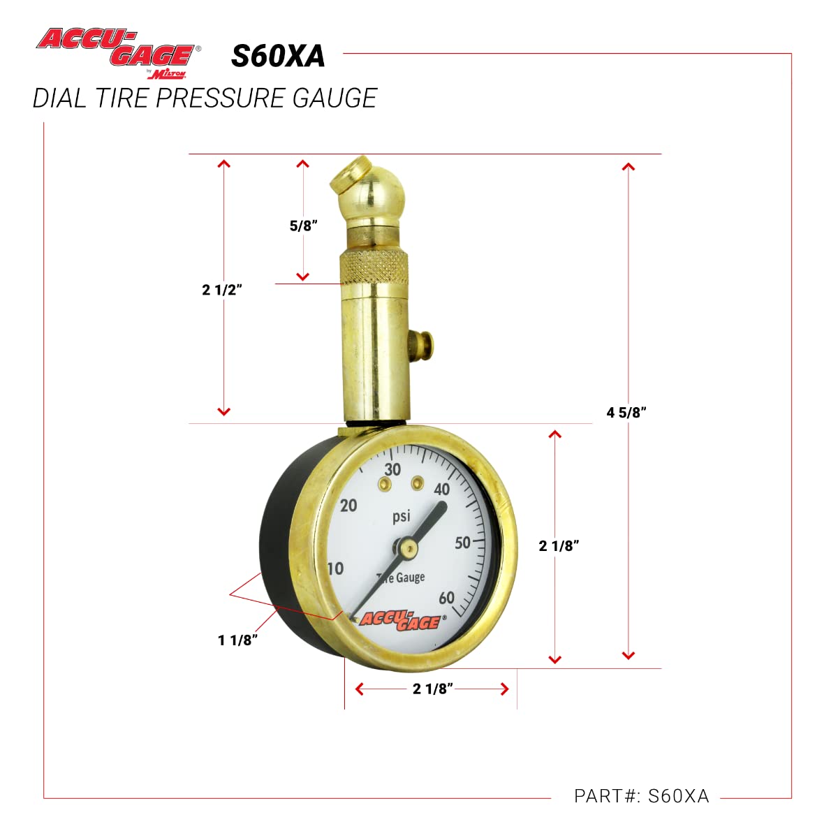 Accu-Gage by Milton Dial Tire Pressure Gauge with Swivel Angle Air Chuck - ANSI Certified for Motorcycle/Car/Truck Tires (0-60 PSI)